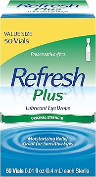 REFRESH PLUS Lubricant Eye Drops Preservative-Free Artificial Tears, 0.01 fl oz (0.4 mL), 50 Single-Use Containers
