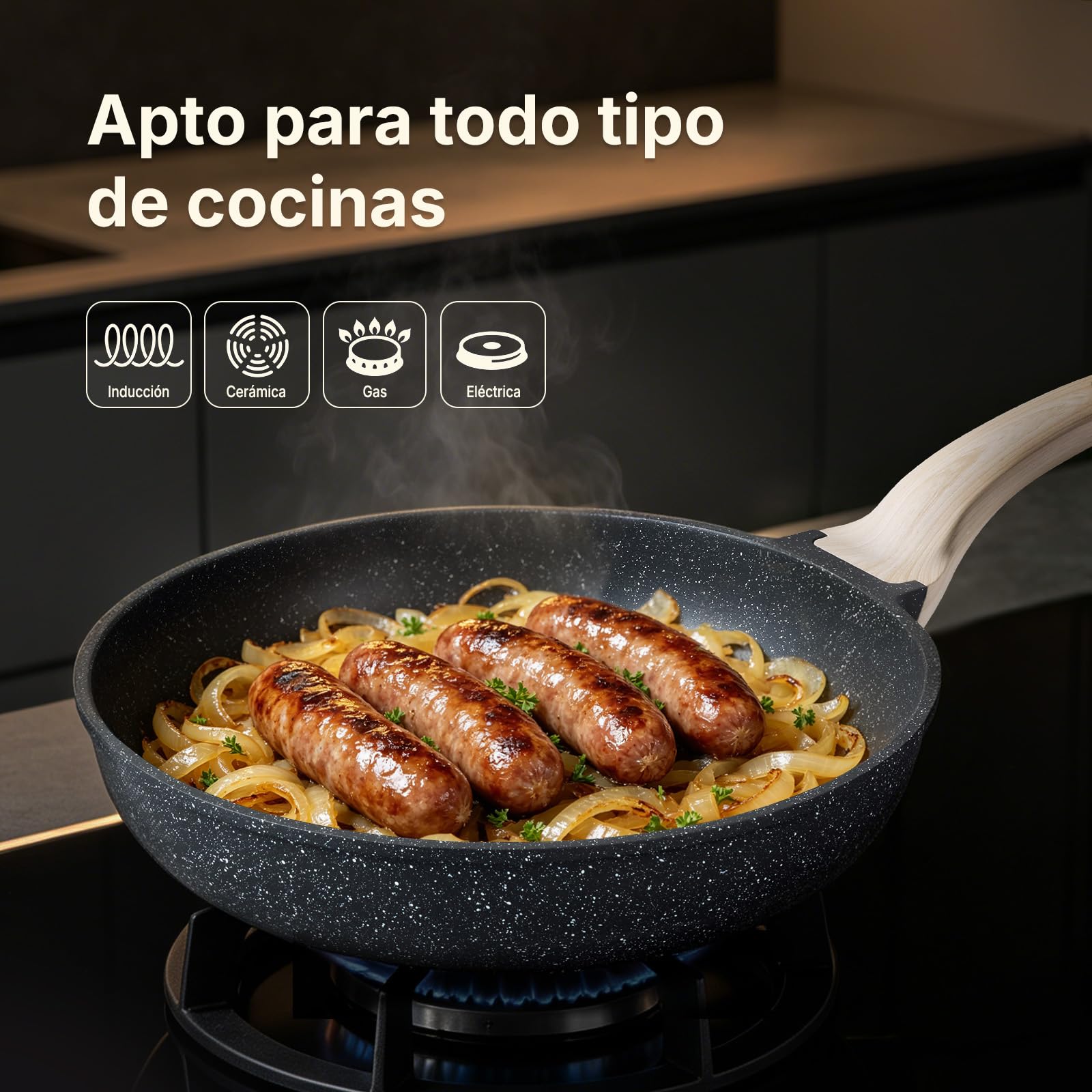 CAROTE Sartén Antiadherente de 24 cm, Apto para Inducción, Efecto Granito | Sartén inducción con mango efecto madera, ideal para tortitas y salteados. Apto para todo tipo de cocinas, libre de PFOA