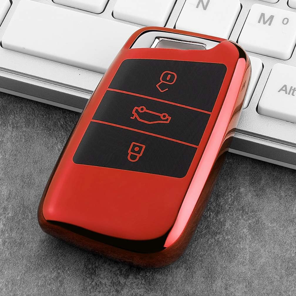 ontto Premium TPU silikonowe etui na kluczyk samochodowy do VW 3 przyciski, etui ochronne do Volkswagena Magotan Passat B8 CC Teramont Skoda A7 Smart kluczyk samochodowy z pękiem kluczy - czerwone