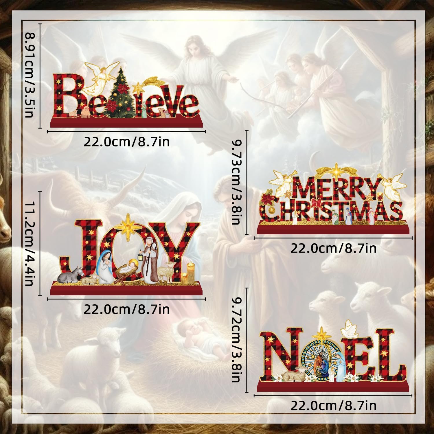 4Pcs Christmas Table Decorations, Nativity Scene Jesus Christian Christmas Decor Wooden Table Topper Nativity Centerpiece Religious Christmas Decor for Xmas Winter Holiday Party Decorations