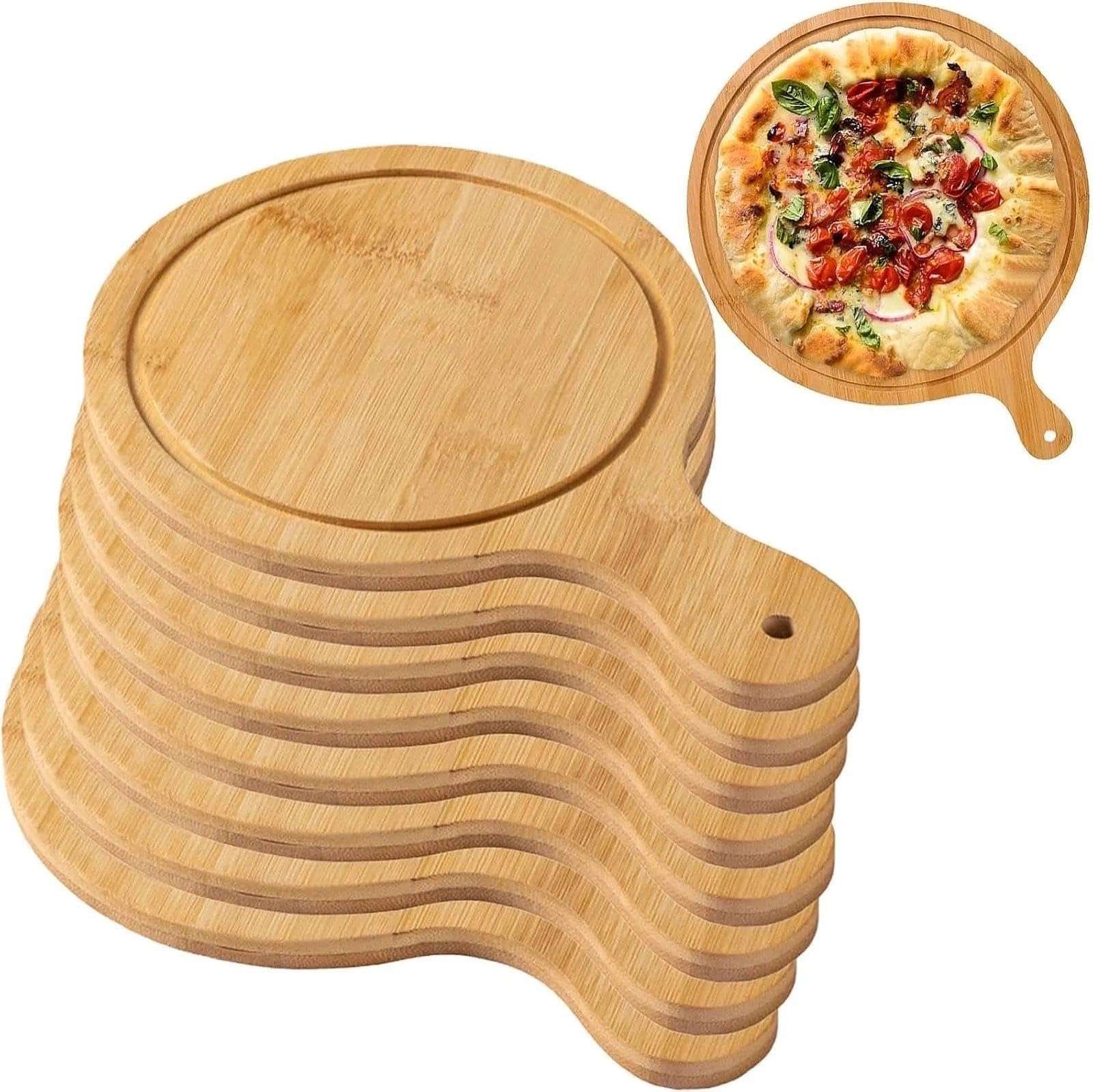 Zestaw bambusowych desek do serwowania pizzy, 10-pak okrągłych talerzy z uchwytami, wielofunkcyjna deska do krojenia, serwowania i sera, do domu i restauracji