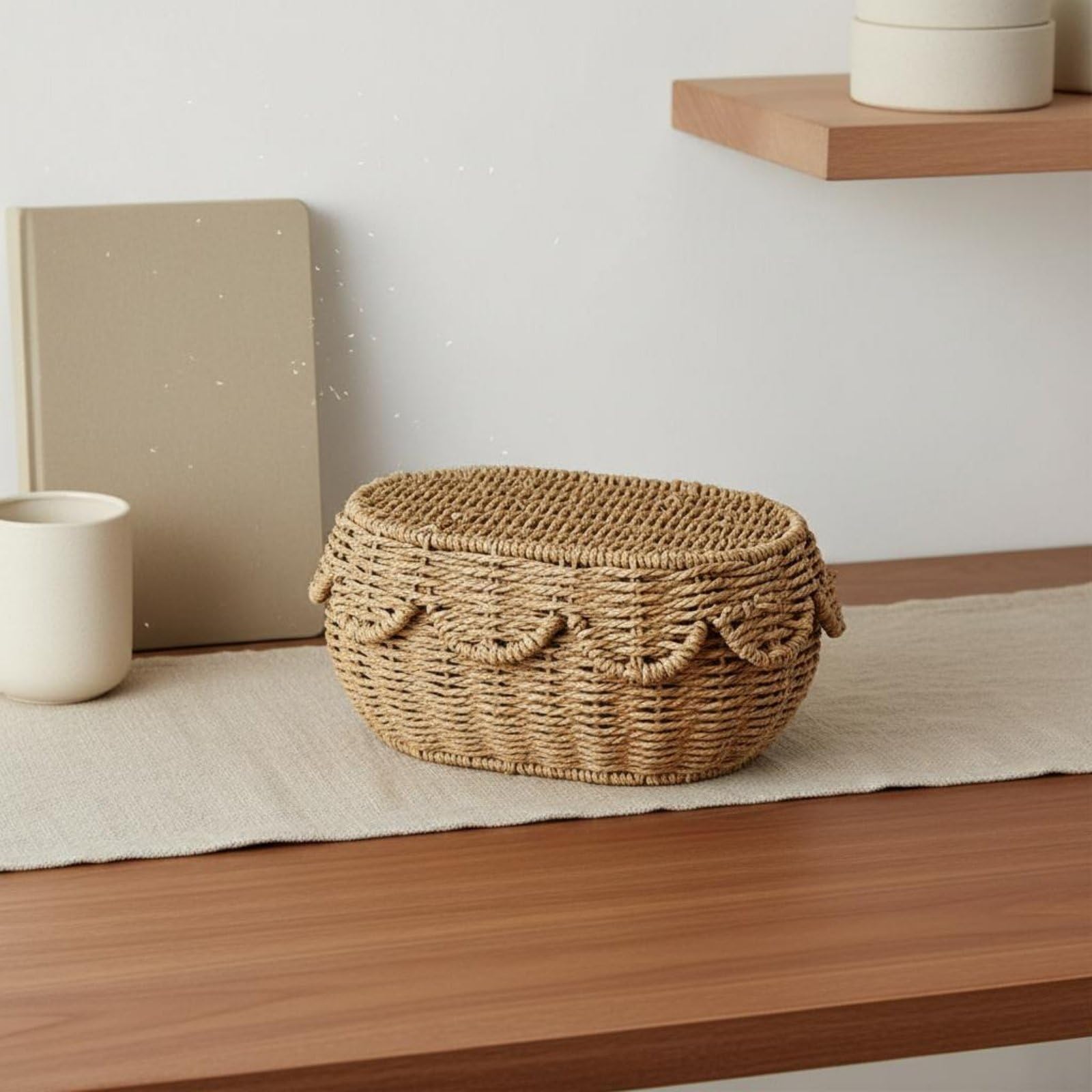 Baoblaze Cesta de Almacenamiento Tejida Caja Contenedor Organizador con Tapa de Cuerda de Papel Hecha a Mano Resistente y Ligera Adecuada para Escritorio, Grande 42x31x16cm