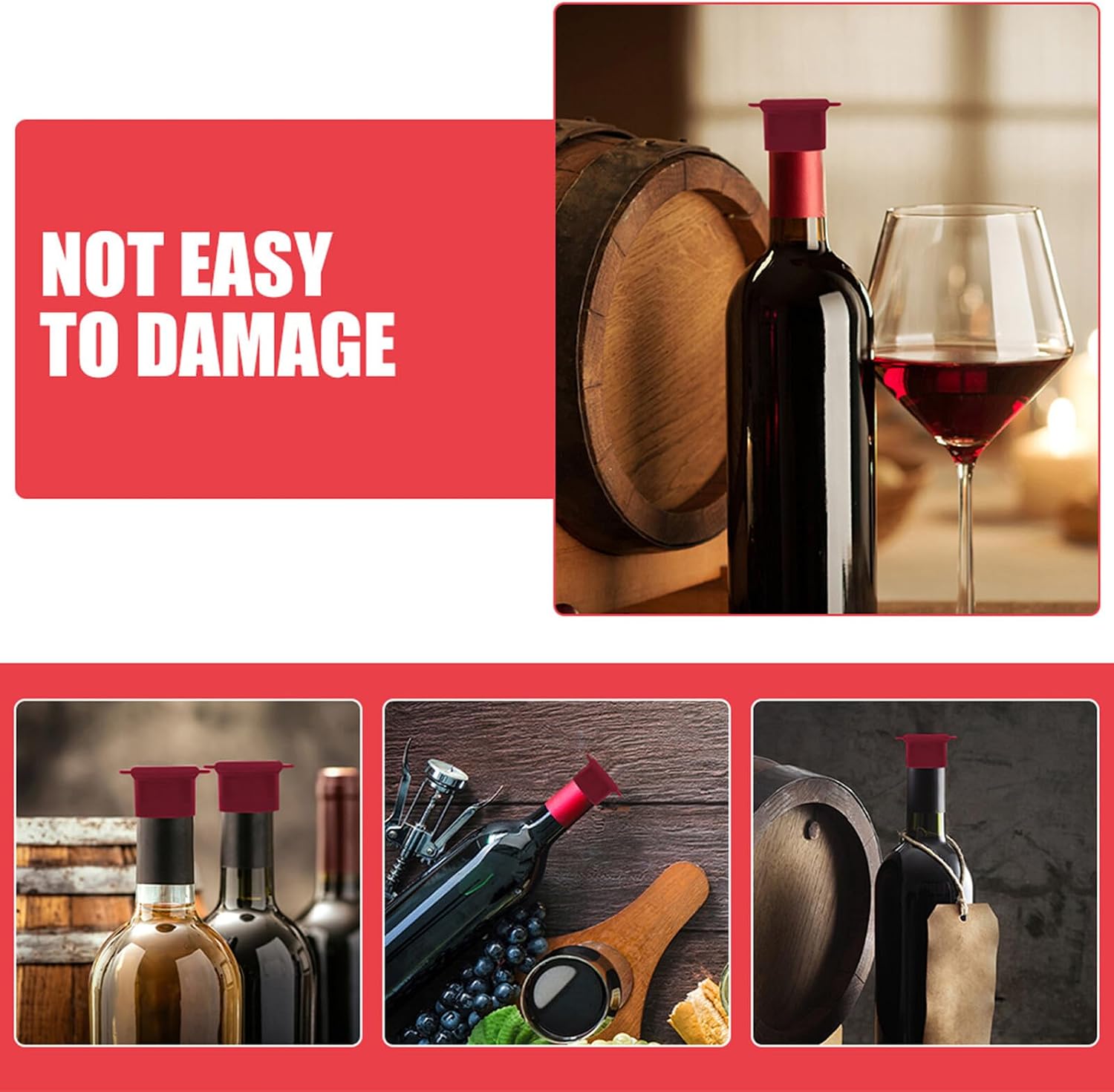 6pcs Red Silicone Wine Stoppers Set, Reusable round Bottle Plugs with Sealing Cap, Food-grade Silicone for Wine and Beer Bottles, Home Bar Kitchen Accessories