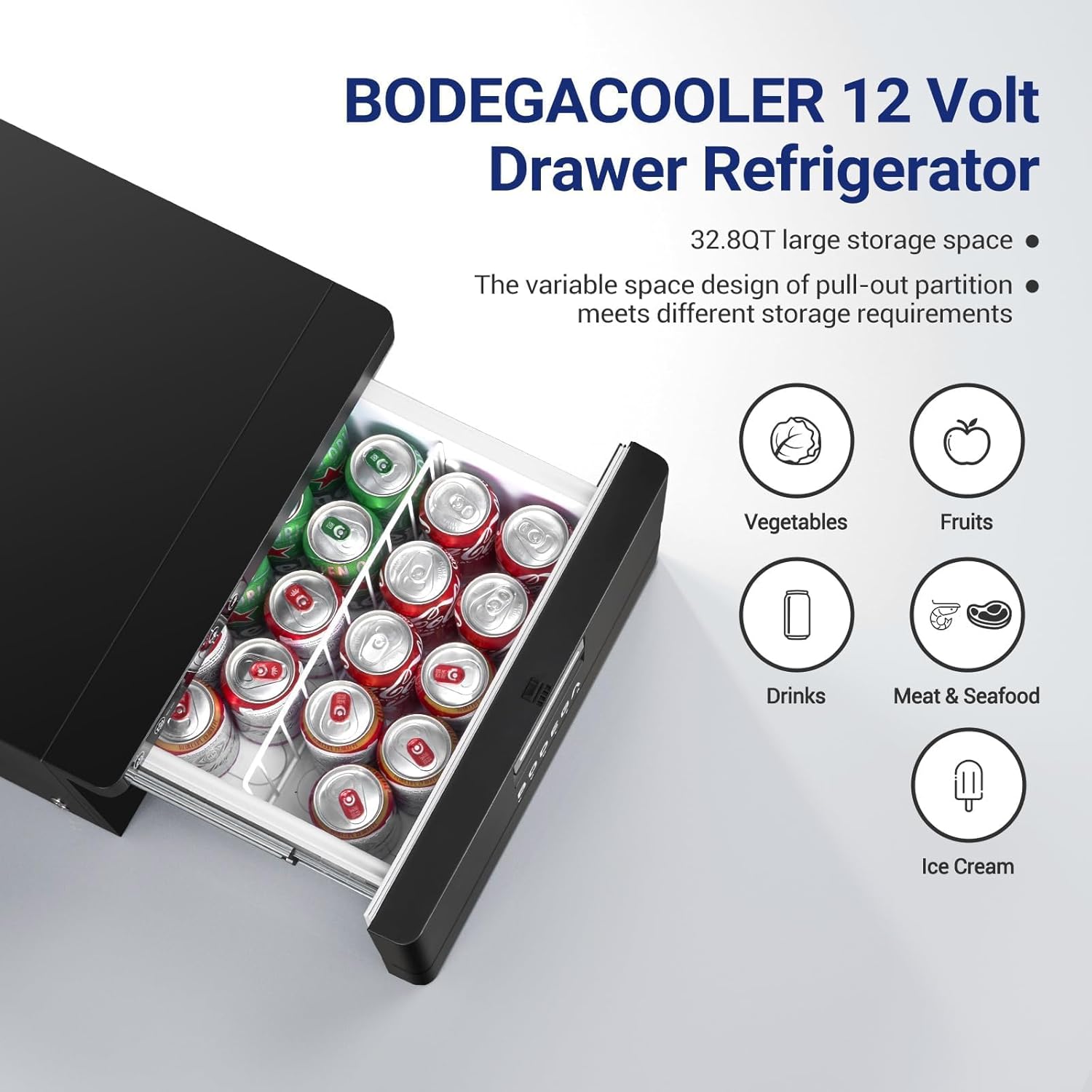 bodegacooler 12 volt drawer refrigerator, 33quart(31l) rv fridge freezer app control, portable refrigerator (-4?-68?), car cooler for travel ,camping, road trips tailgating, truck, van, suv 12/24v dc 33 quart black