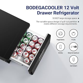 BODEGACOOLER 12 Volt Drawer Refrigerator, 33Quart(31L) RV Fridge Freezer APP Control, Portable Refrigerator (-4F-68F), Car Cooler for Travel ,Camping, Road Trips Tailgating, Truck, Van, SUV 12/24V DC