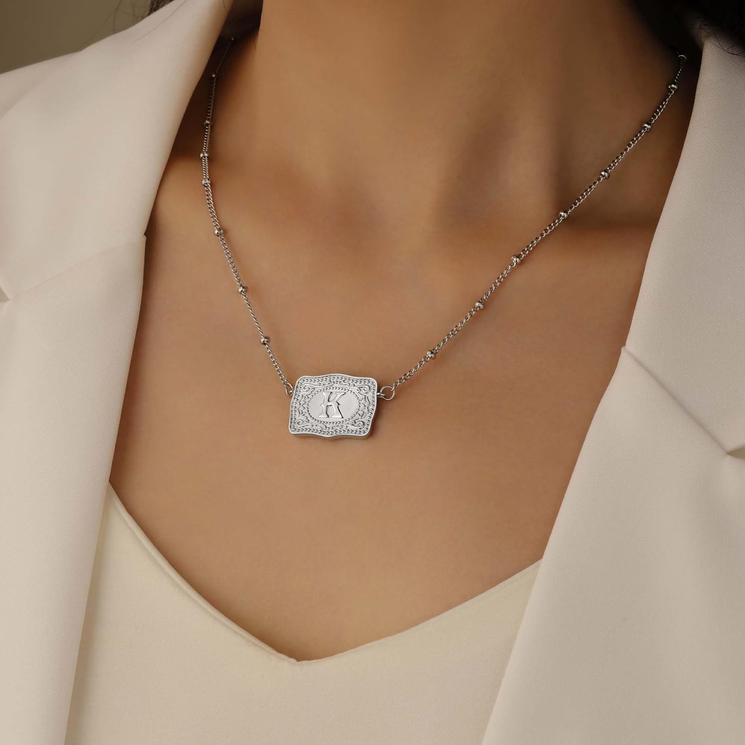 Gold Silver Initial Necklace for Women, 18K Gold Plated Mini Belt Buckle Initial Necklace, Letter A-Z Pendant Charm Necklace Unique Western Jewelry Gifts for Women Men - Image 4