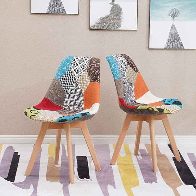 HomJoy Set of 2 Retro Design Patchwork Chair, with Soft Cushion Seat and Backrest, Solid Wood Legs, Wooden Home Office Lounge Dining Chair (2 Chairs)