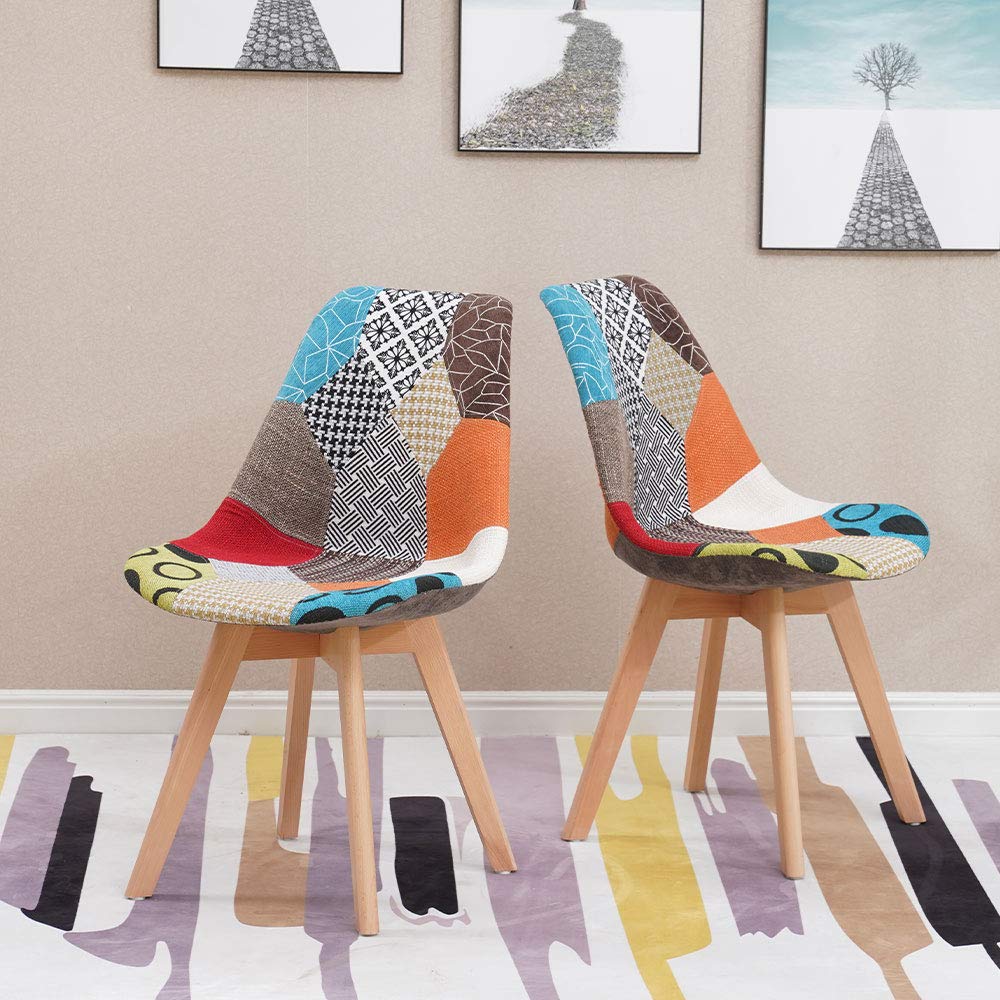 HomJoy Set of 2 Retro Design Patchwork Chair, with Soft Cushion Seat and Backrest, Solid Wood Legs, Wooden Home Office Lounge Dining Chair