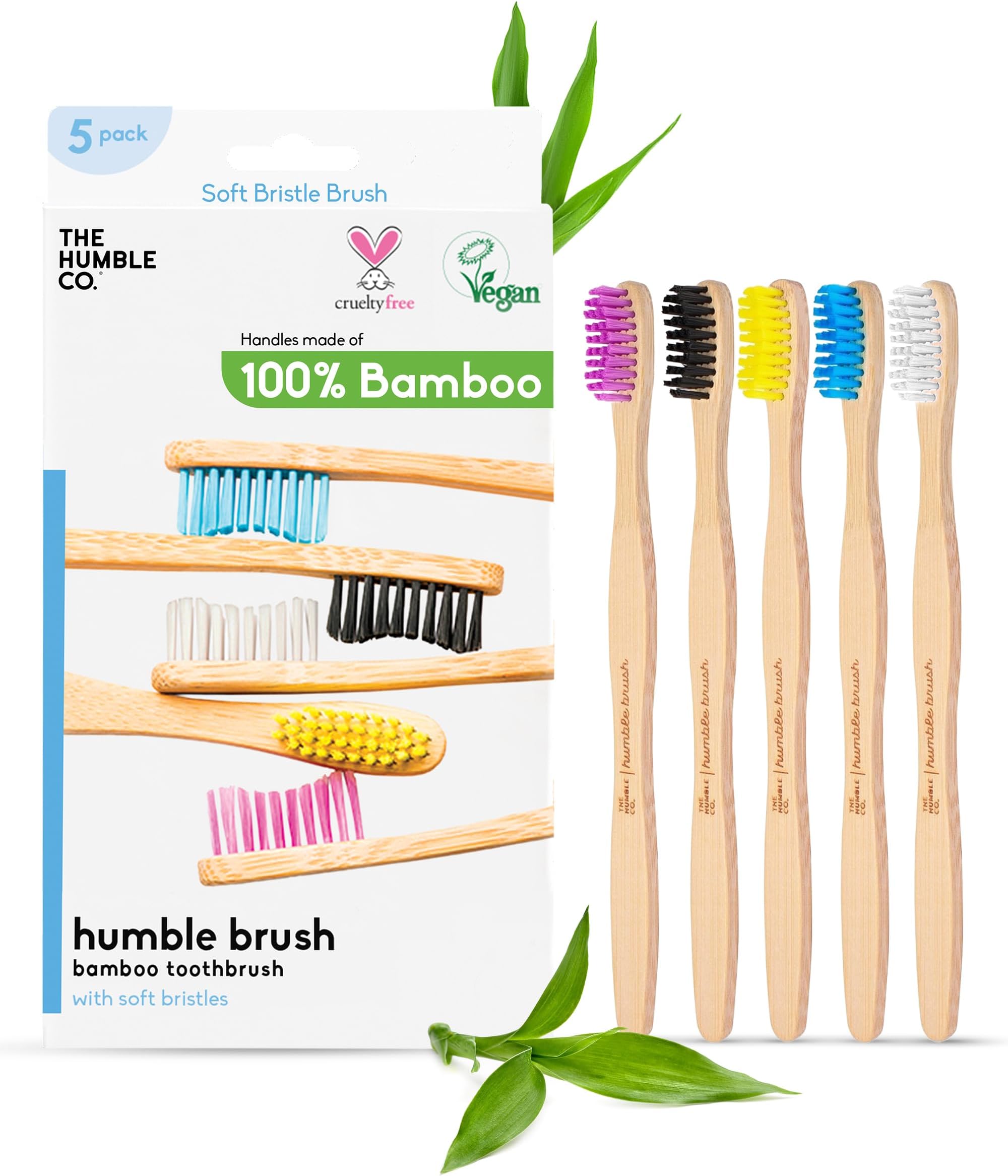 The Humble Co Bamboo Toothbrushes, 5 Pack - Soft Bristles Natural Bamboo Toothbrush - BPA Free Soft Bristles for Sensitive Gums - Non-Toxic & Plastic Free Handle - Dental Oral Care & Hygiene