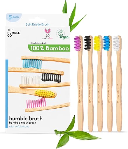 The Humble Co. Bamboo Toothbrushes, BPA Free, Soft Bristles (5 Pack) | Natural Sustainable Bamboo, Sensitive Gums, Non-Toxic, Dental Oral Care & Hygiene, Plastic-Free Handle, Men & Women