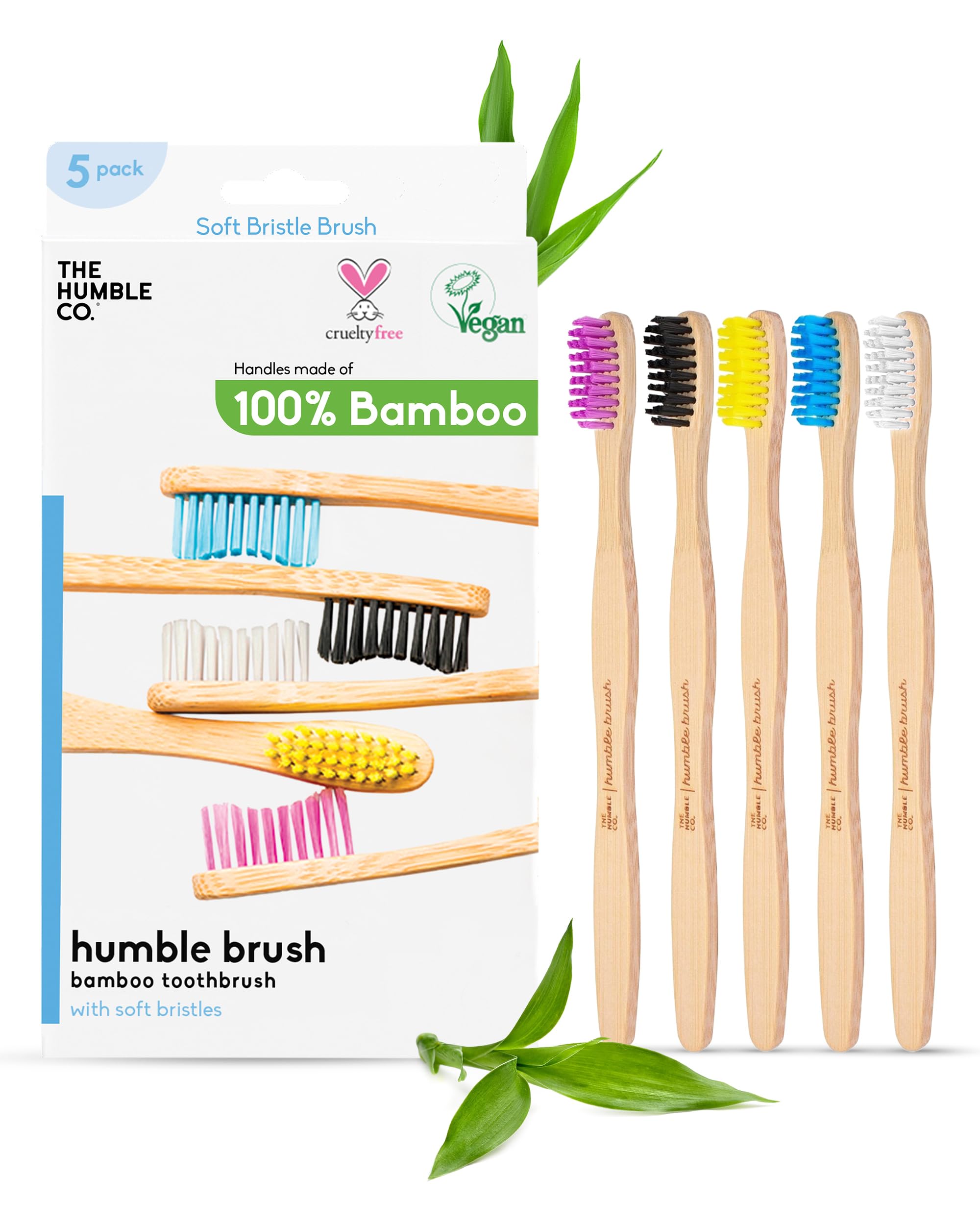 The Humble Co. Bamboo Toothbrush (5pk) - Wooden, Sustainable, Natural Toothbrushes - Vegan, Eco-Friendly and Biodegradable with BPA Free Bristles. for Zero Waste Oral Care (Soft, Adult)