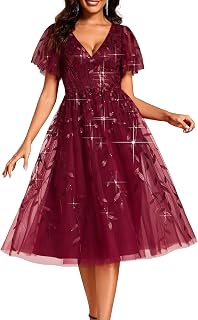 Women's Elegant A Line Embroidery Short Sleeves Midi Sequin Formal Cocktail Wedding Guest Dress 02230