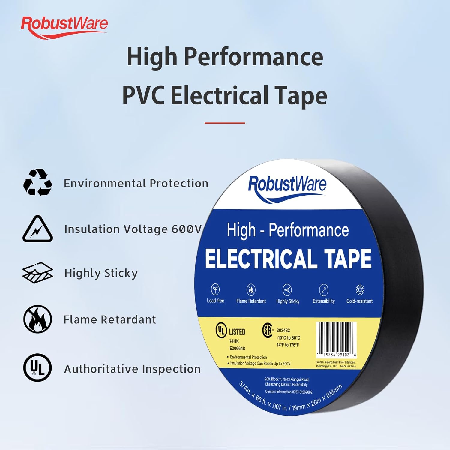 Black Electrical Tape,UL/CSA Listed, 6 Rolls, Eco-Friendly, High Viscosity & Ductility, Flame Retardant, 3/4in x 66ft x 7mil, 14°F to 176°F, 600v, for Home, Industry, Auto Repair, DIY