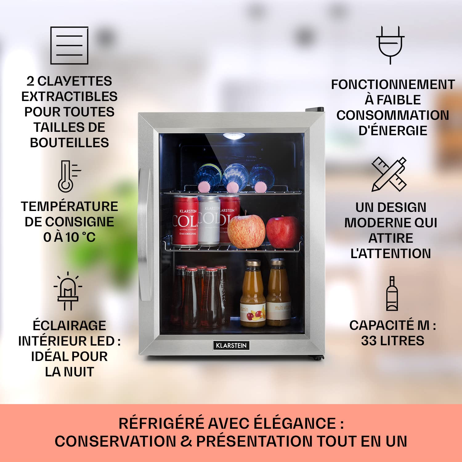 Klarstein Beersafe M Mini Frigo de Chambre pour Boissons, 33L, 0-10°C, Etagères Amovibles