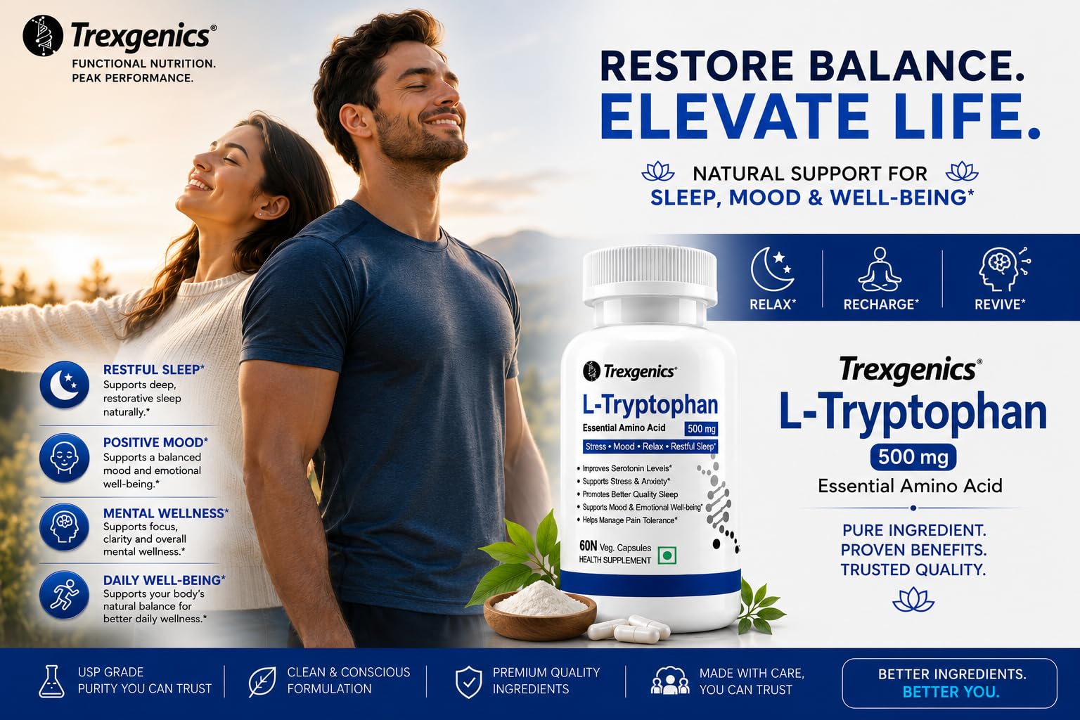 Trexgenics L-TRYPTOPHAN 500mg Essential amino acid, Stress, Mood, Relax, Restful Sleep Support (60 Vcaps) (1) — Amazon image 6