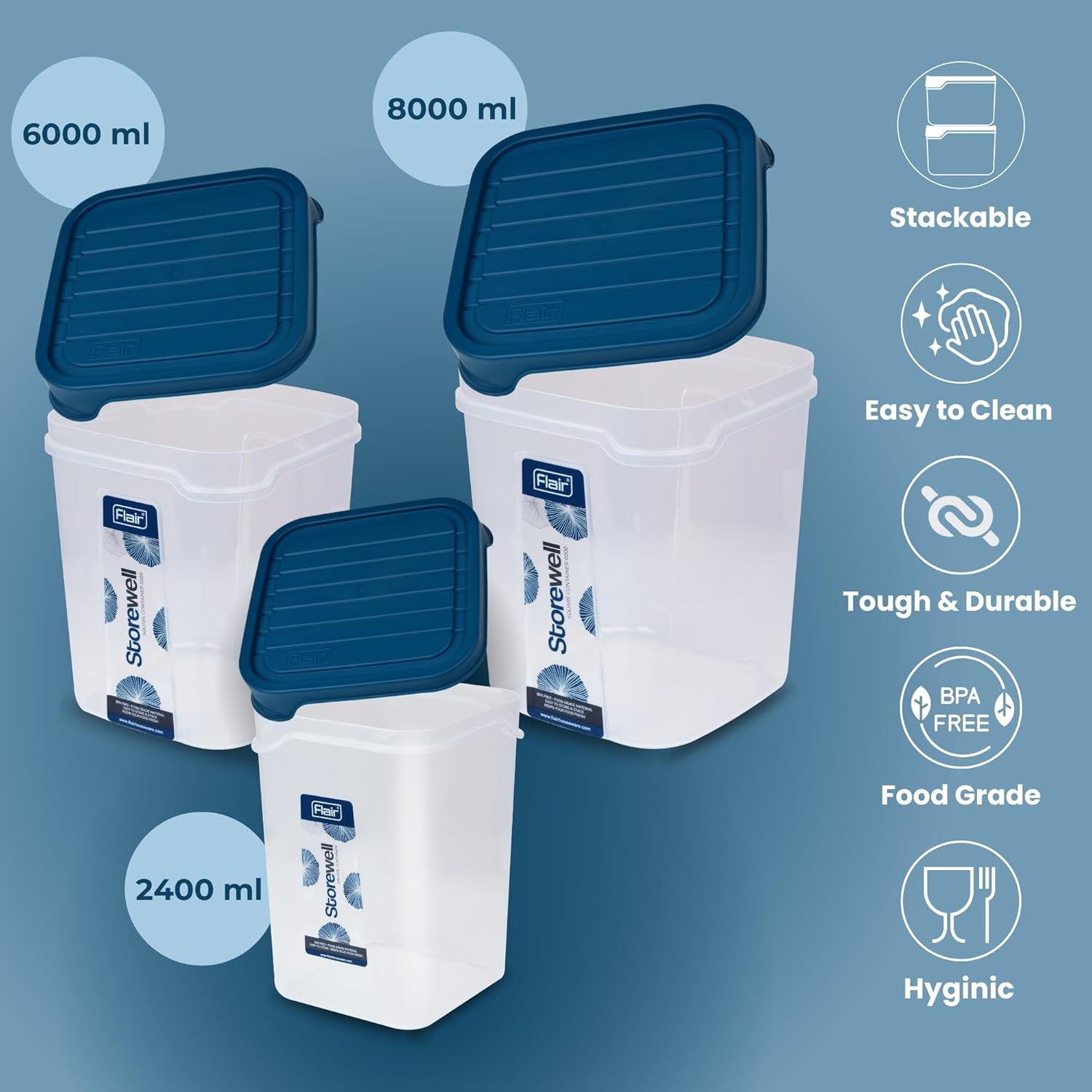 FLAIR Storewell Square Food Storage Containers Set of 3 (2.4L, 6L, 8L)- Blue, Air Tight Containers for Kitchen Storage Ideal kitchen box for Rice, Atta and Grains, BPA-Free, Food Grade 4 71FSBEOB0XL. SL1500