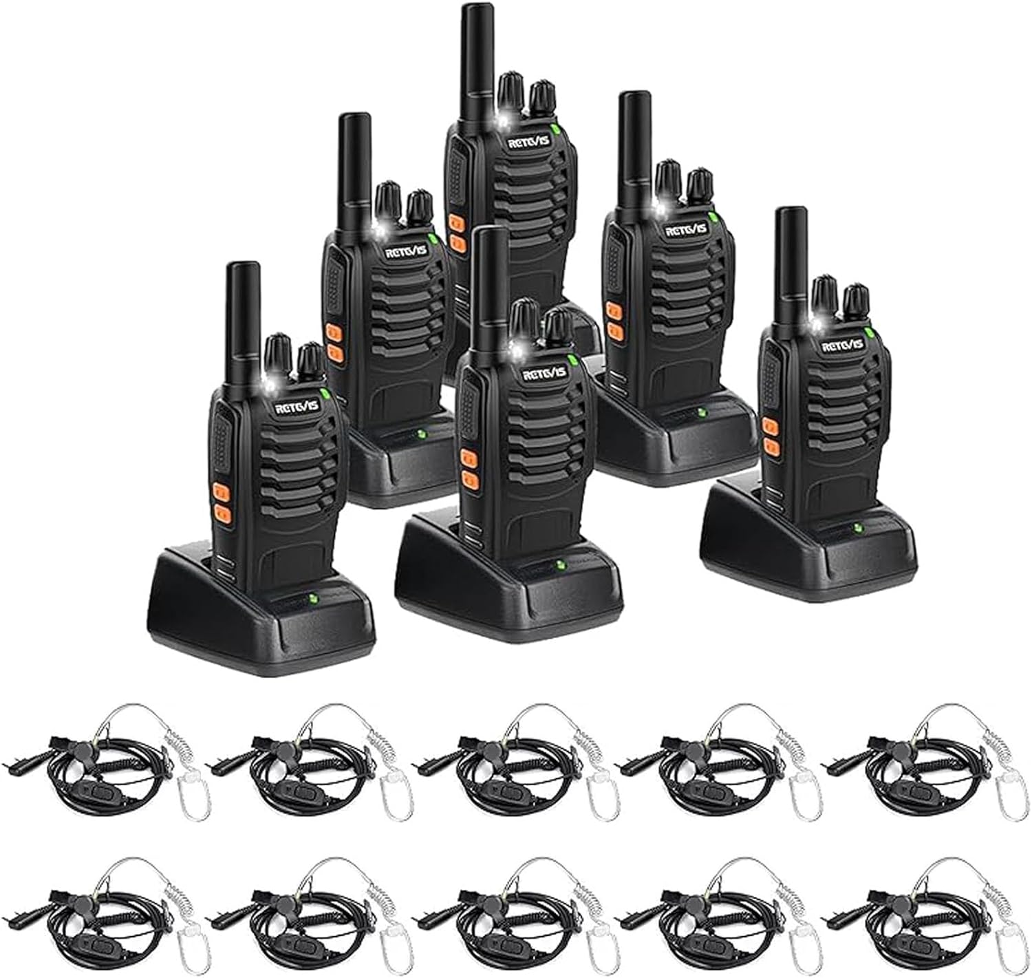 Retevis H-777 Walkie Talkies(6 Pack) with Walkie Talkie Earpiece(10 Pack), Long Range, Hand Free, Rechargeable Two Way Radio, Business 2 Way Radios with Charger