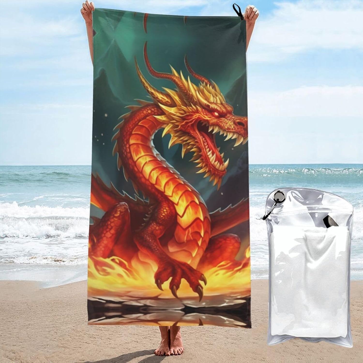 Dragon King in Fire Printed Microfiber Towel,Camping Towel,Fast Drying Towel,Soft Lightweight for Gym,Hiking,Yoga,Backpacking, White