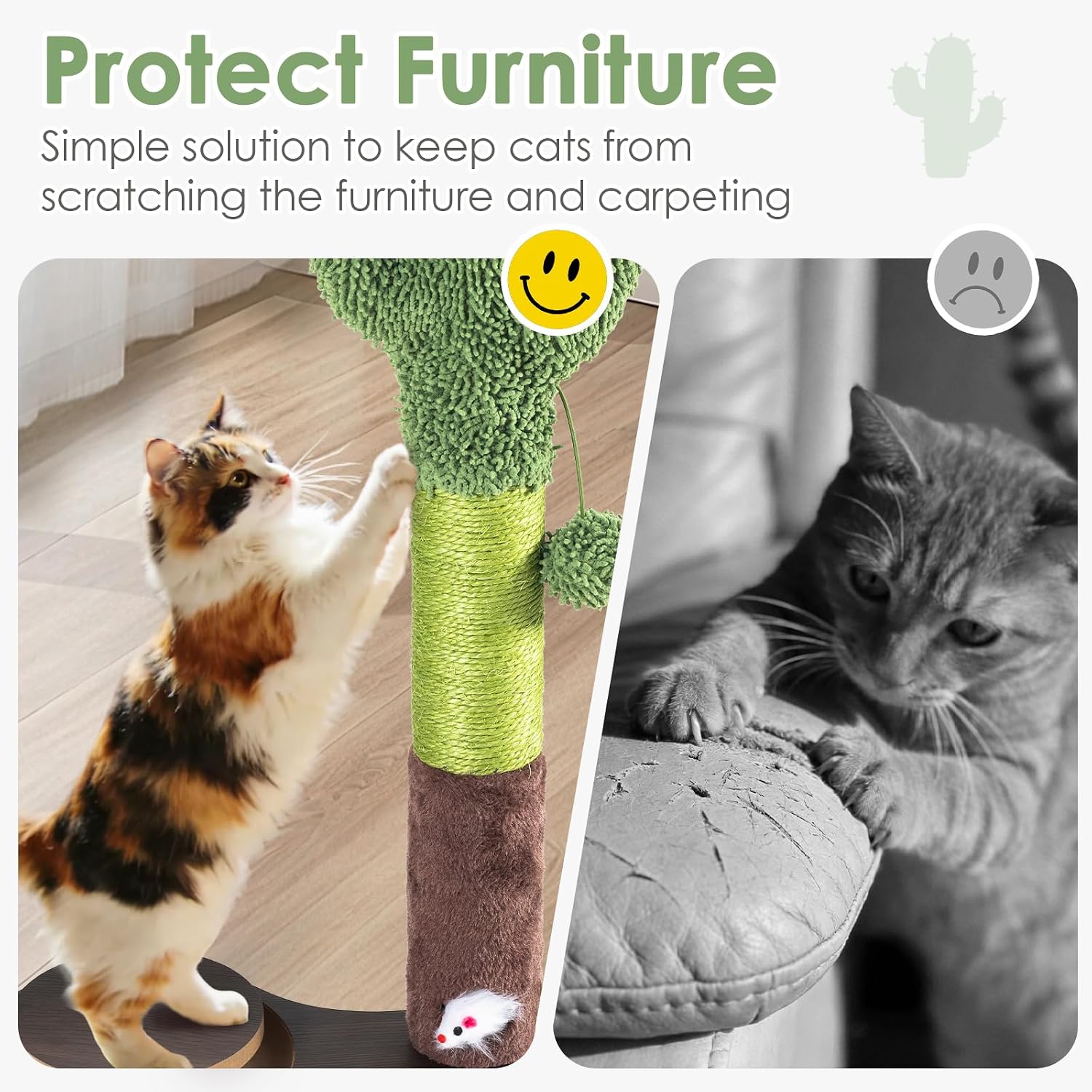 Cat Toys Cactus Cat Scratching Post, Natural Sisal Scratcher with Interactive Track Ball & Hanging Toys, Stable Anti-Tip Base Multi-Functional Cat Toy for Multi-Cat Households & Indoor Cats