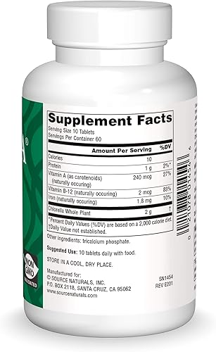 Miniatura 2 de Source Naturals Yaeyama Chlorella 200mg Algas Superalimento Suplemento Nutricional Fuente de B-12, Hierro, Proteína y Vitamina A - 600 Tabletas