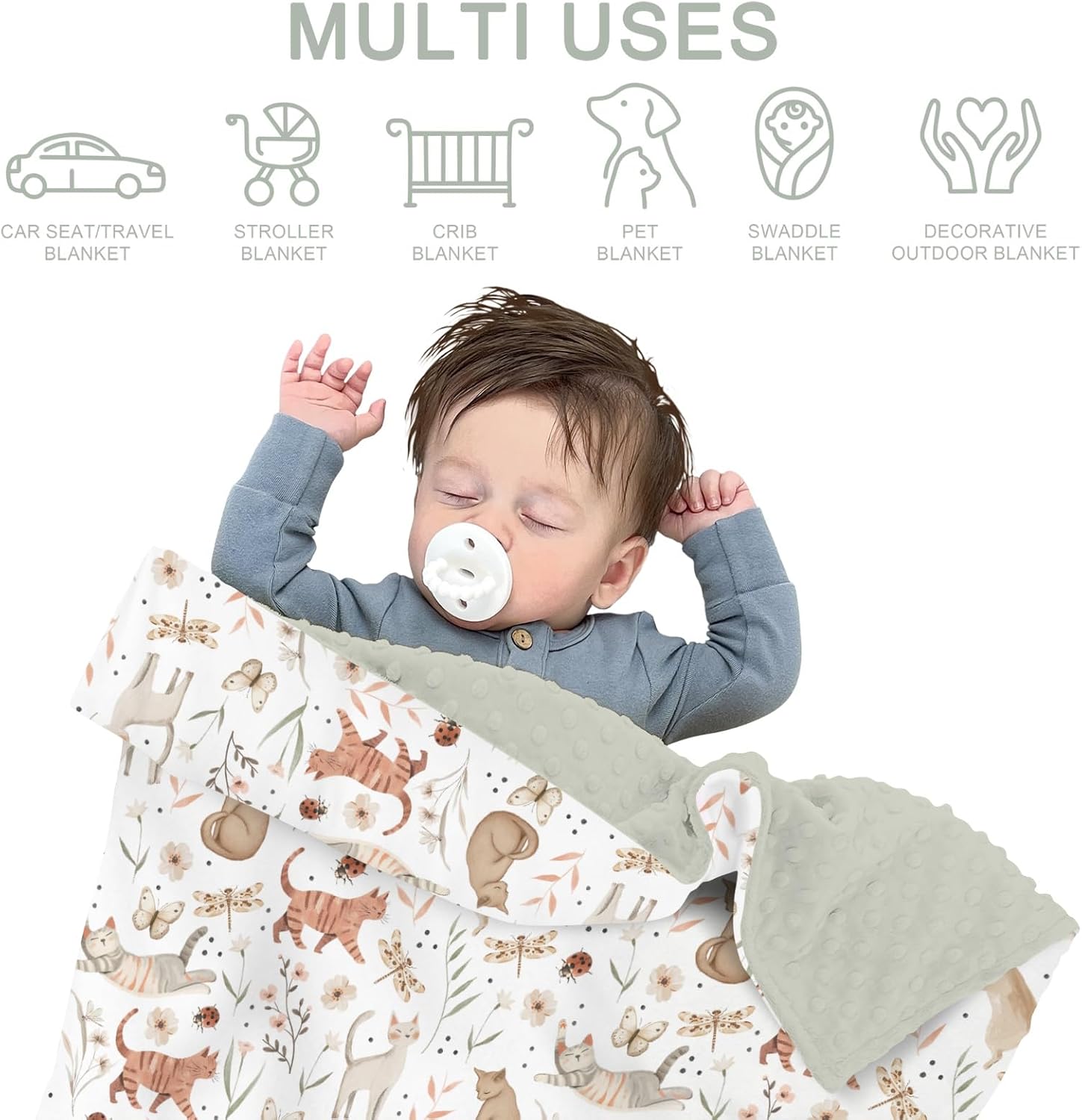 Cute Cat Boho Floral Leaves Baby Blankets for Girl Boy Fun Kittens Meadow Butterflies Soft Mink Dotted Backing Double Layer Swaddle Blanket Cats Lover Gift Bed Blanket Toddler Nursery Crib 30x40