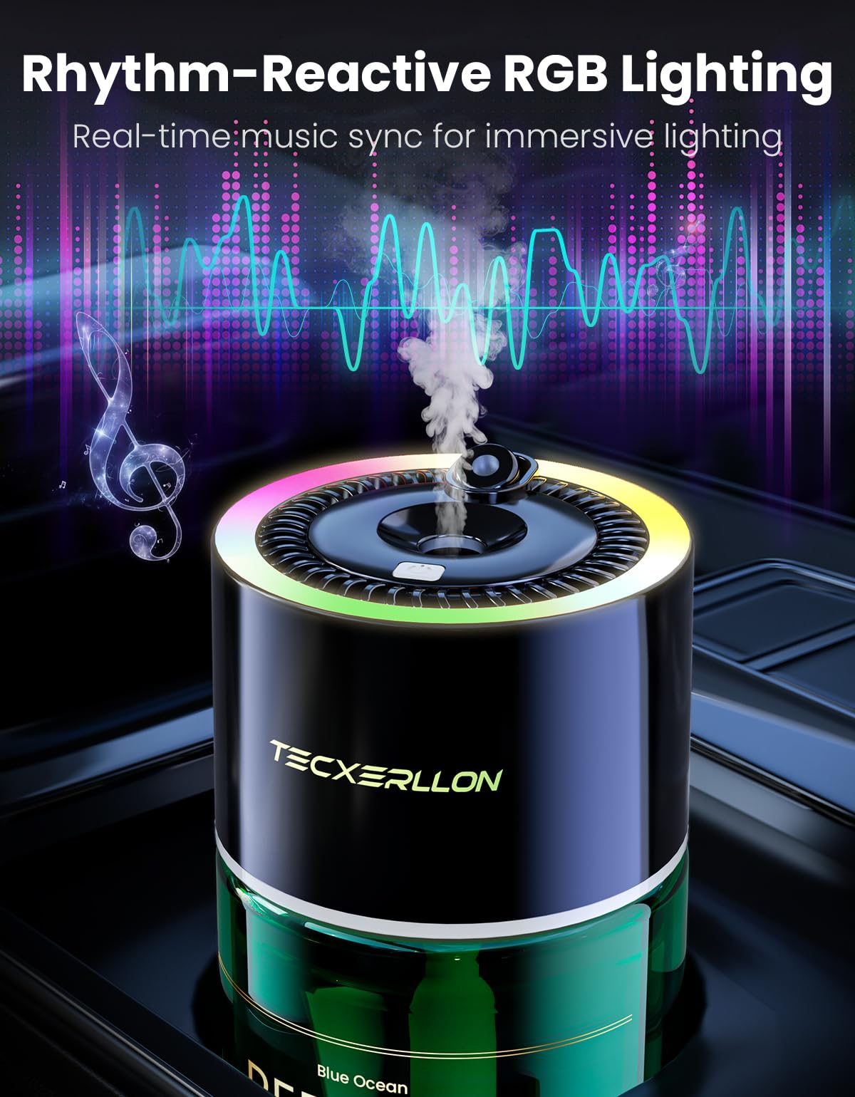 TECXERLLON Diffuseur d'Air Voiture, Lumière Ambiante Étoilée RVB, 4 Modes Parfum, 120 Jours Autonomie, Charge USB-C Rapide, Marche/Arrêt Auto, Parfum Océan, 120ml