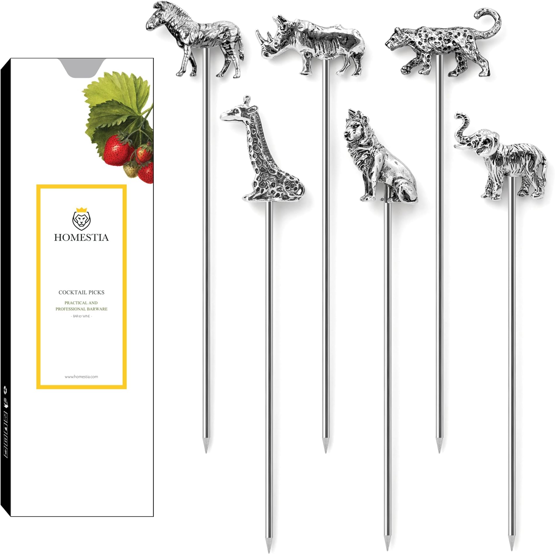 Homestia 6PCS Safari Animal Cocktail Picks, 4.7" Stainless Steel Martini Picks Olive Picks, Reusable Appetizer Skewers Garnish Tools for Drinks Party, Vintage Metal Cocktail Pins Accessories