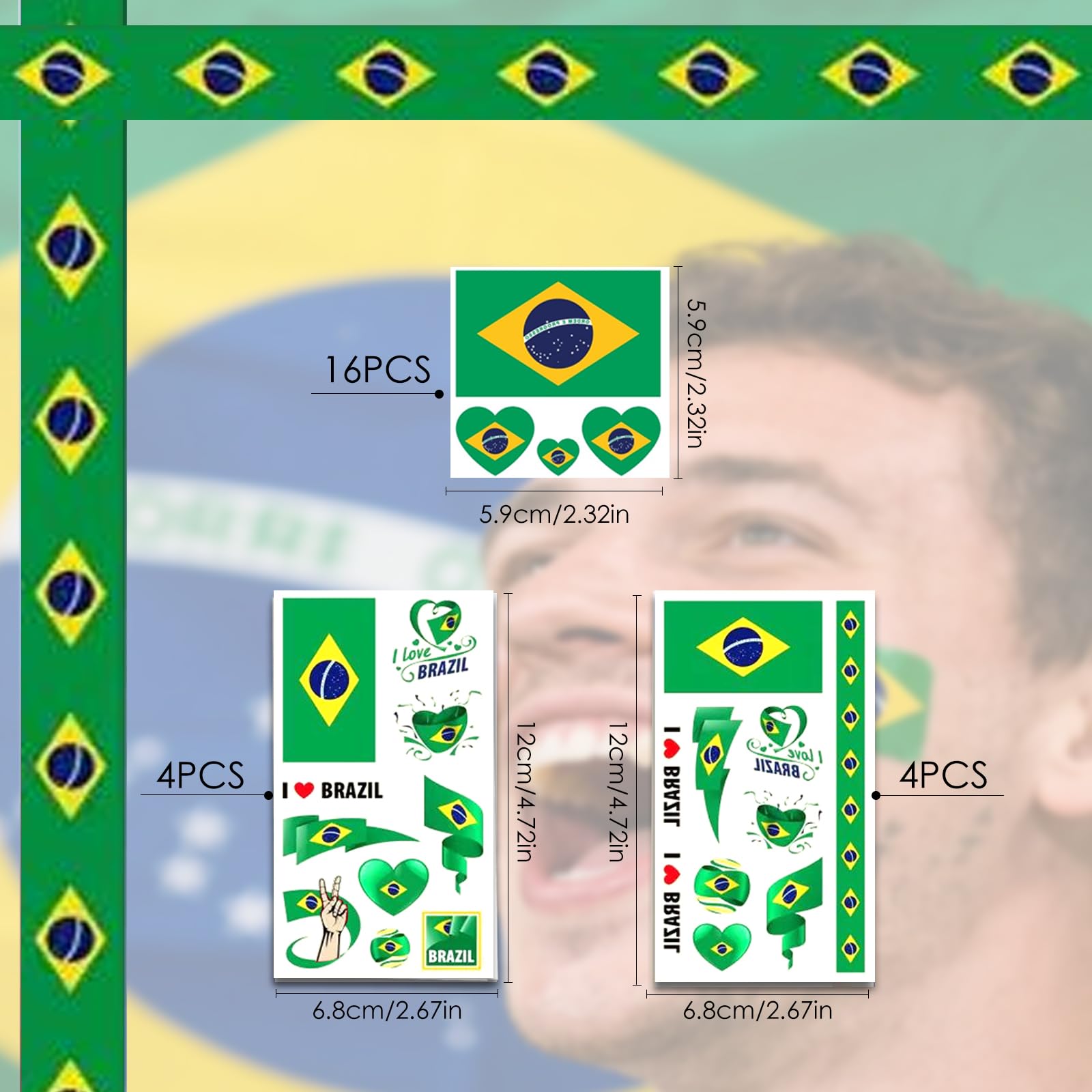 AhfuLife Set di 24 adesivi per tatuaggi temporanei, motivo bandiera nazionale, 2022, impermeabili, per appassionati di nazionali, calcio, festa dei mondiali (Brasile)