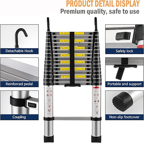 Miniatura 5 de TOPDEEP Escalera de extensión telescópica de 203 pies escalera de extensión de aluminio plegable con 2 ganchos desmontables escaleras plegables