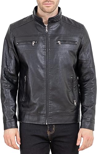 VICALLED Chaqueta de cuero para hombre Slim Fit Stand Collar PU Chaqueta de motocicleta ligera
