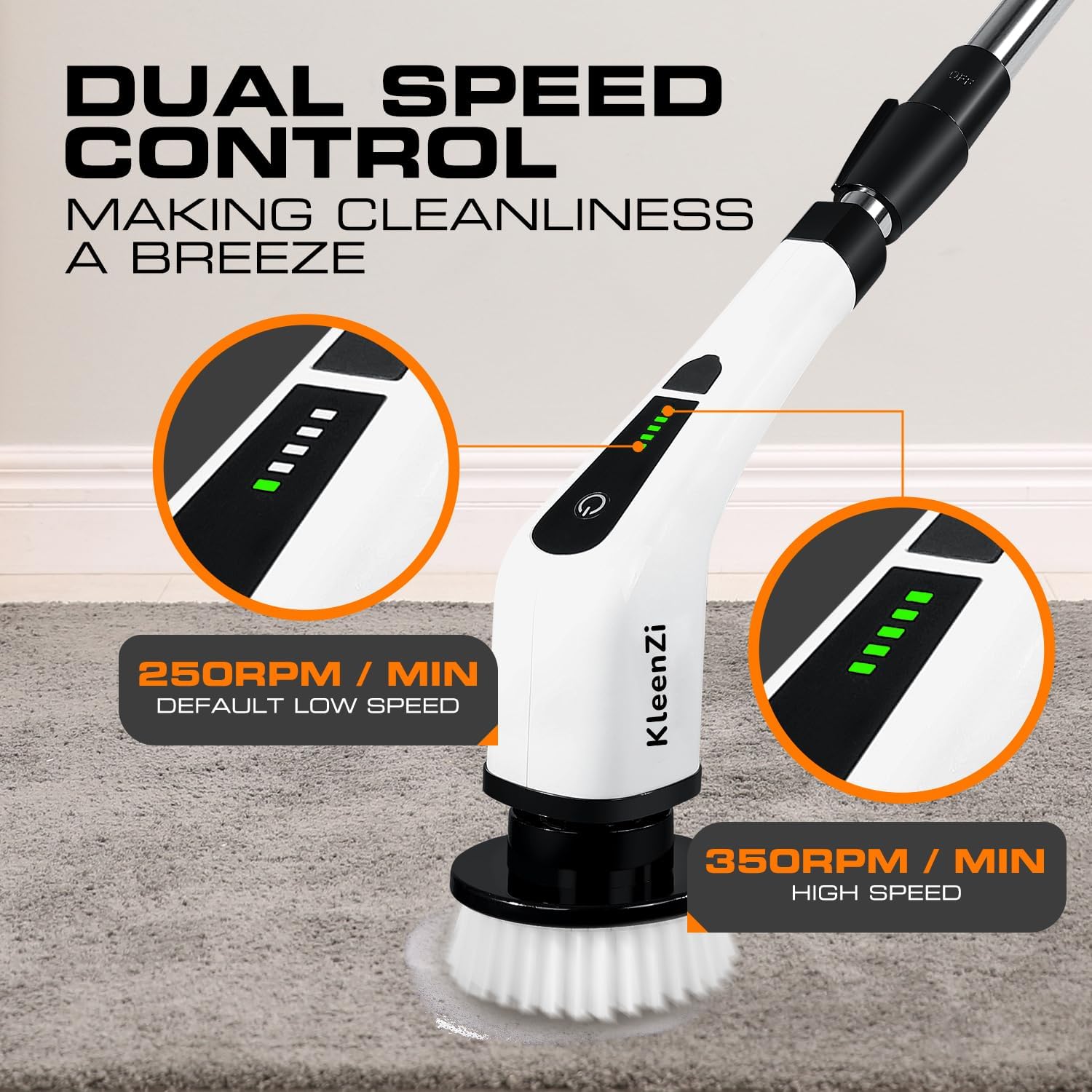 KleenZi Spin Scrubber dual speed control at 250 RPM and 350 RPM
