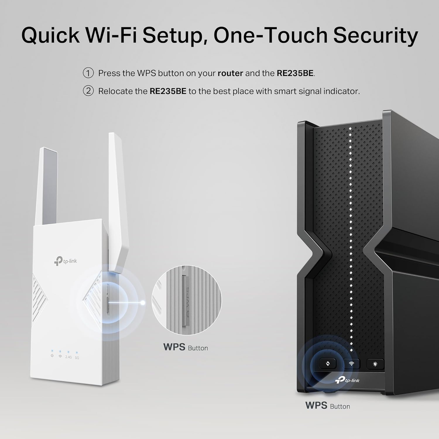 Diagram showing WPS button on router and RE235BE extender