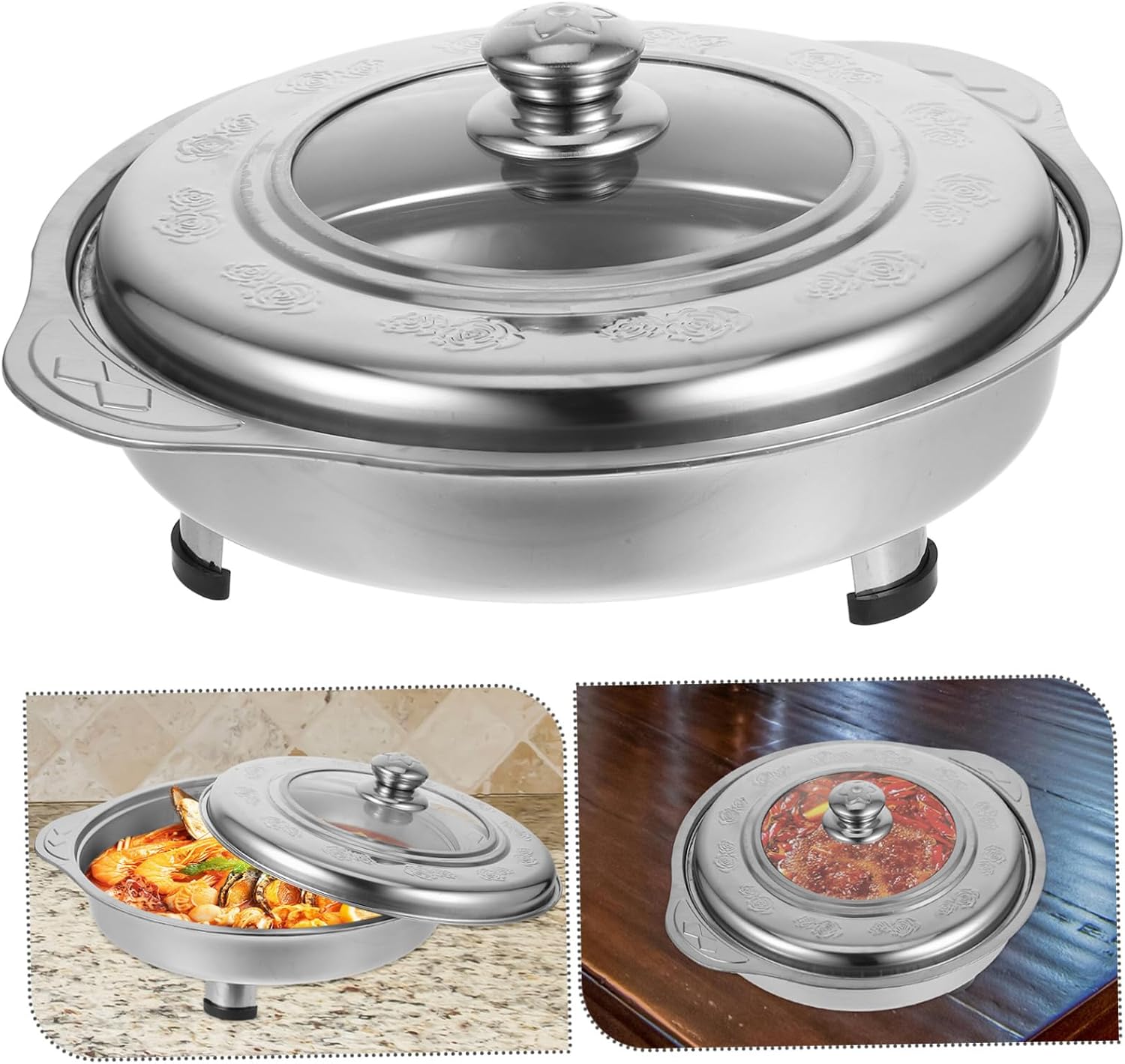 SHOWERORO Catering Buffet Serving Tray Stainless Steel Snack Tray Lid Buffet Food Container Restaurant Wedding