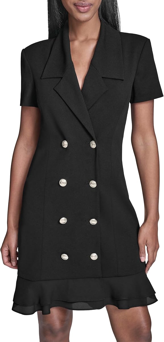 Karl Lagerfeld Women's Short Sleeve Notch Collar Scuba Crepe Blazer Dress with Flounce Hem
