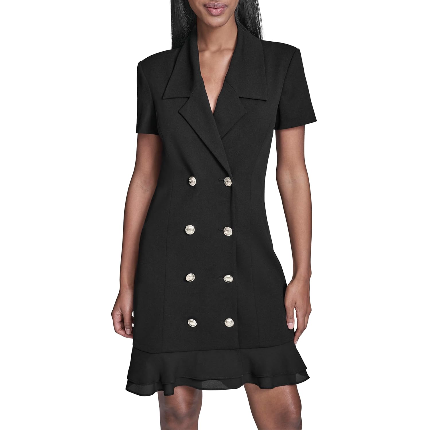 Karl Lagerfeld Women's Short Sleeve Notch Collar Scuba Crepe Blazer Dress with Flounce Hem
