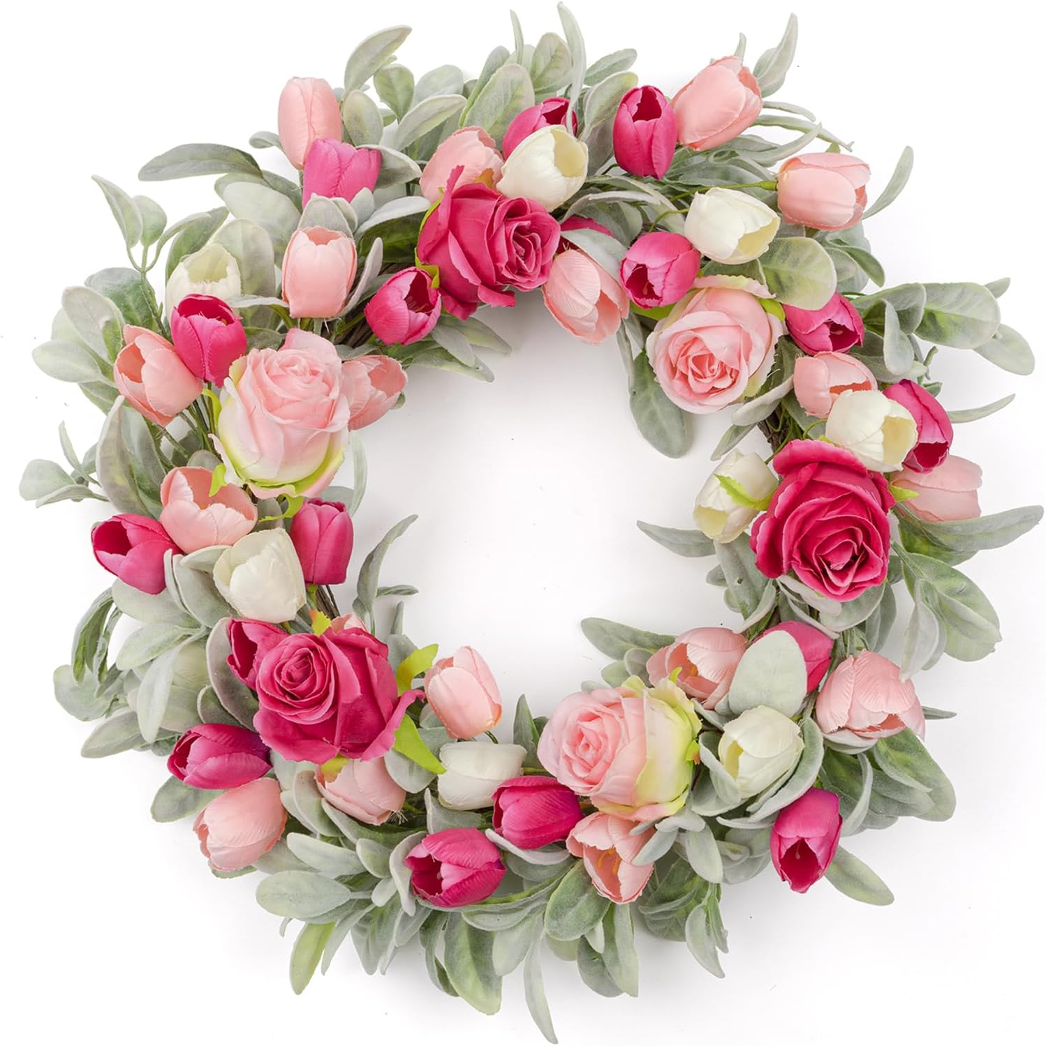 20 Inches Farmhouse Valentines Wreath Modern Valentine Flower Wreath Rocco Valentines Day Door Wreaths with Red Pink Rose Tulip Flocked Lambs Ear for Window Porch Porch Indoor Outside Decor