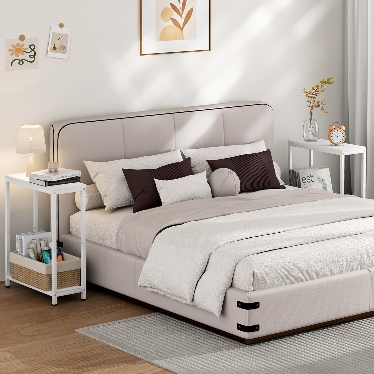 SLEEPING LAMB Narrow End Tables Living Room Set of 2 Small Side Table for Small Space, 2 Tier Slim Skinny Night Stand for Bedroom, Couch Beside Nightstands, White image 4