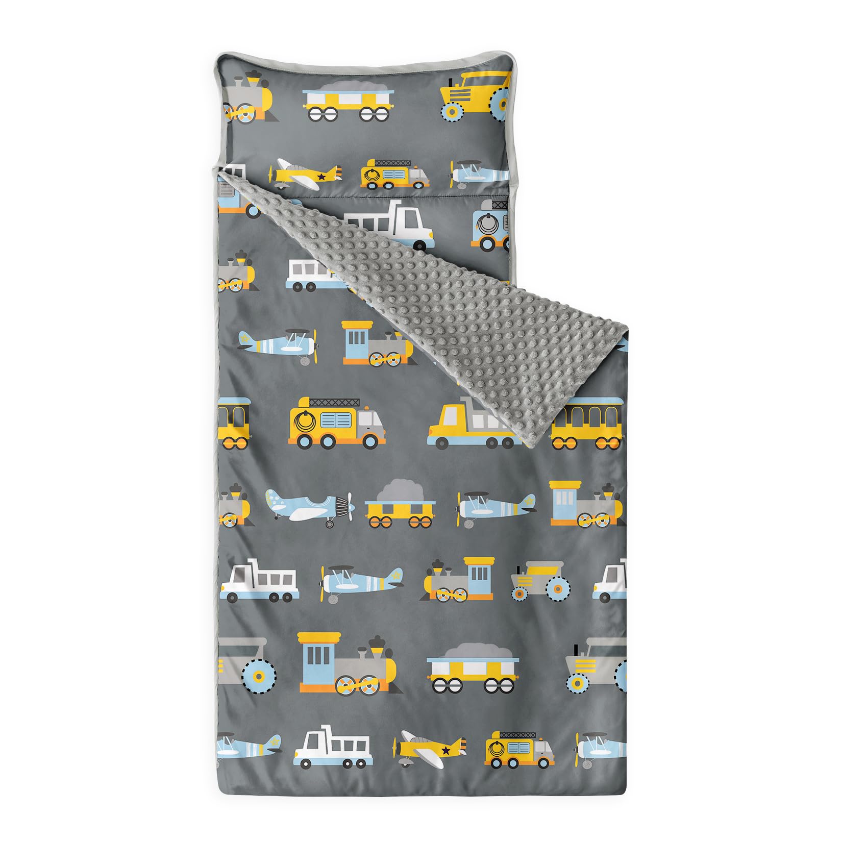 Wake In Cloud - Toddler Nap Mat with Pillow and Minky Fleece Blanket, for Kids Boys Ages 3 Plus in Daycare Preschool Kindergarten, Roll Up Sleeping Bag, Planes Trains Trucks