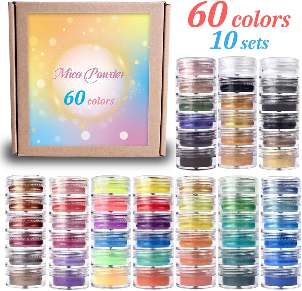 Pearlescent Mica Powder Set of 60 Colors - Cosmetic Grade Pigment Powder for Epoxy Resin Art, Soap Making, Candle Making, Slime, Nail Polish, Bath Bomb, DIY Crafts Supplies