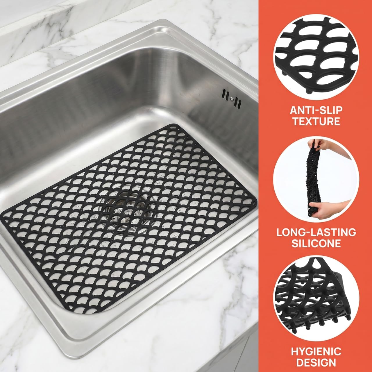 SHINEOFI Black Silicone Sink Protector Mat 18 x 13 Inch, Flexible Non-Slip Heat Resistant Drying Pad, Multi Purpose Dish Mat for Kitchen Countertops & Bathroom Sinks
