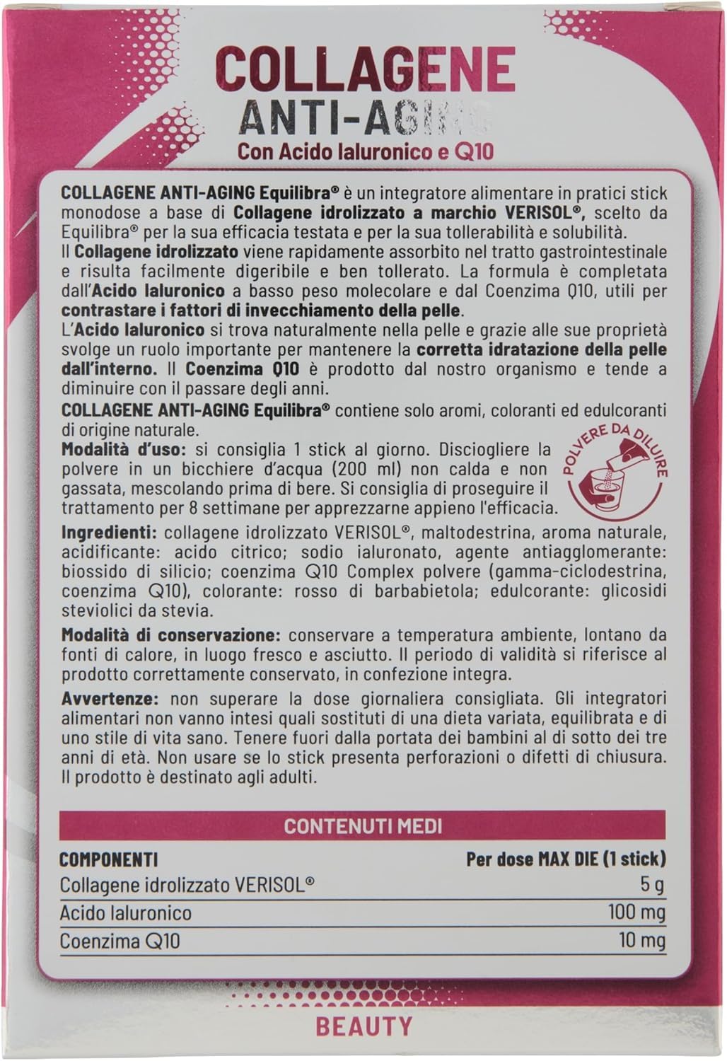 Equilibra, Collagene Anti-Aging, Collagene Idrolizzato VERISOL®, 14 Mono Stick, 5000mg Collagene a Dose, con Acido Ialuronico, Coenzima Q10, Migliora l'Aspetto della Pelle, Riduce le Rughe
