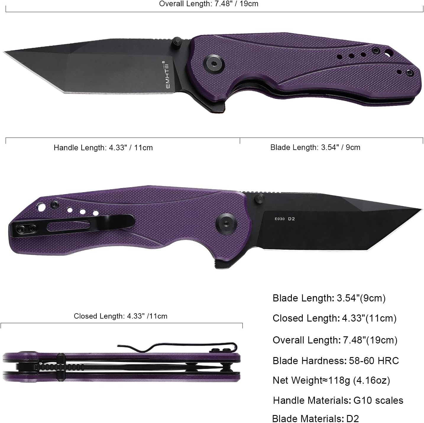 Flipper Pocket Knife Folding Knives: D2 Steel Japanese tanto Black Blade, G10 Scales, Liner Lock, Reversible Clip, EDC Gifts for Men Women Camping Hiking E030, Purple