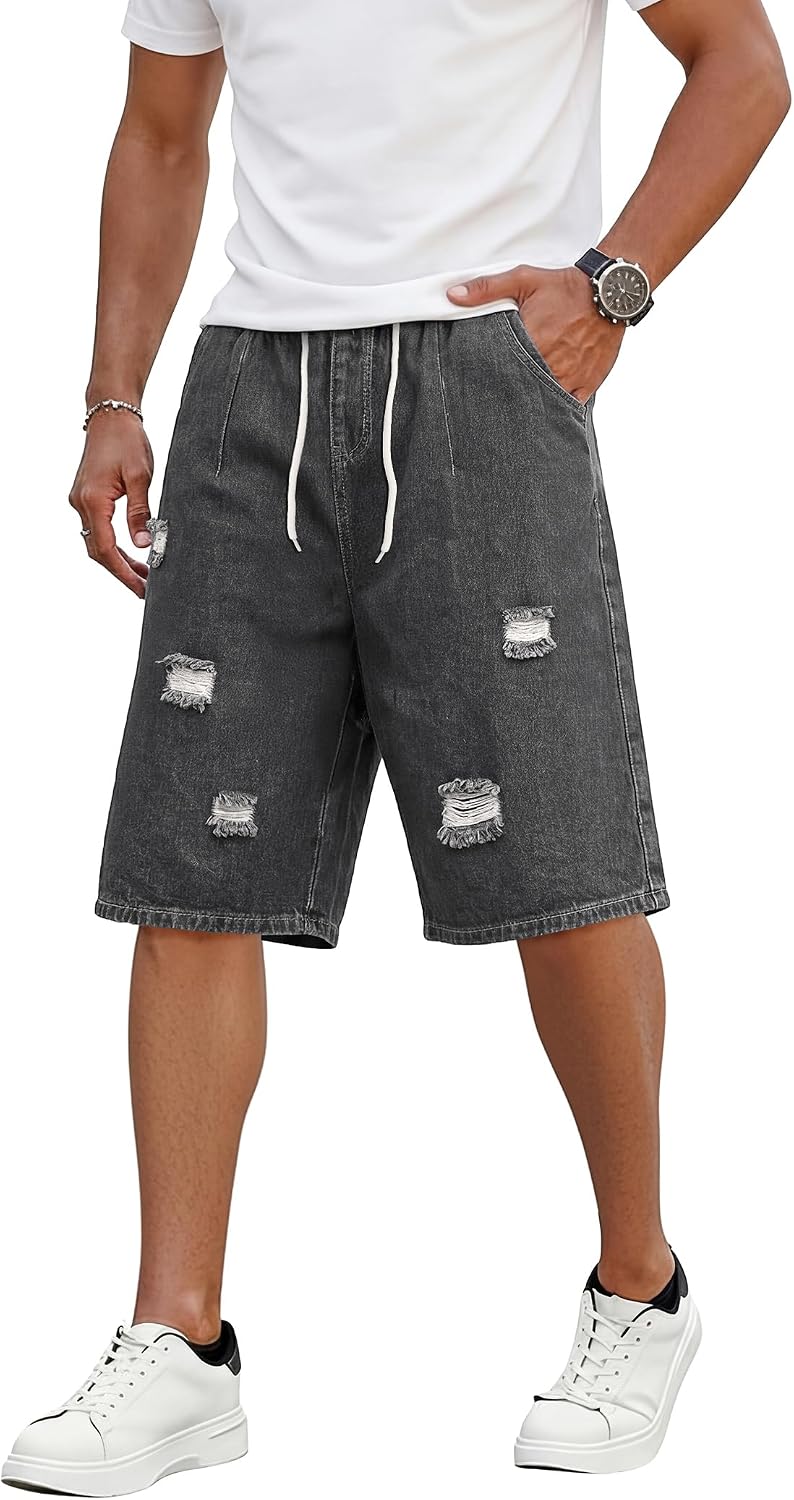 Mens Jean Shorts Baggy Drawstring Denim Jorts Loose Fit Ripped Streetwear Casual Summer Shorts for Men