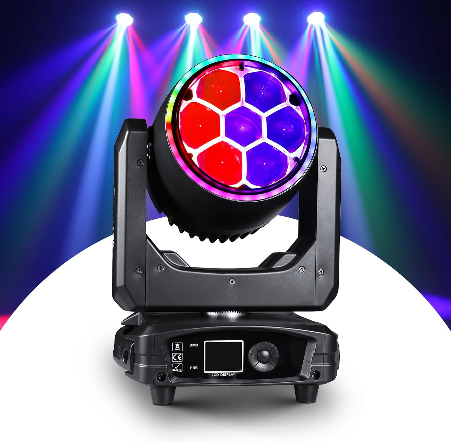 300W Moving Head DJ Light 7x40W LED Stage Lights RGBW Beam & Wash & Halo DMX512 Sound Activated for Parties Club Disco Events Wedding Church Opera