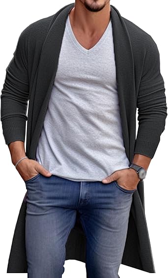 Mens Shawl Collar Cardigan Long Sweater Long Sleeve Open Front Knit Sweater Loose Fit Fashion Solid Sweaters