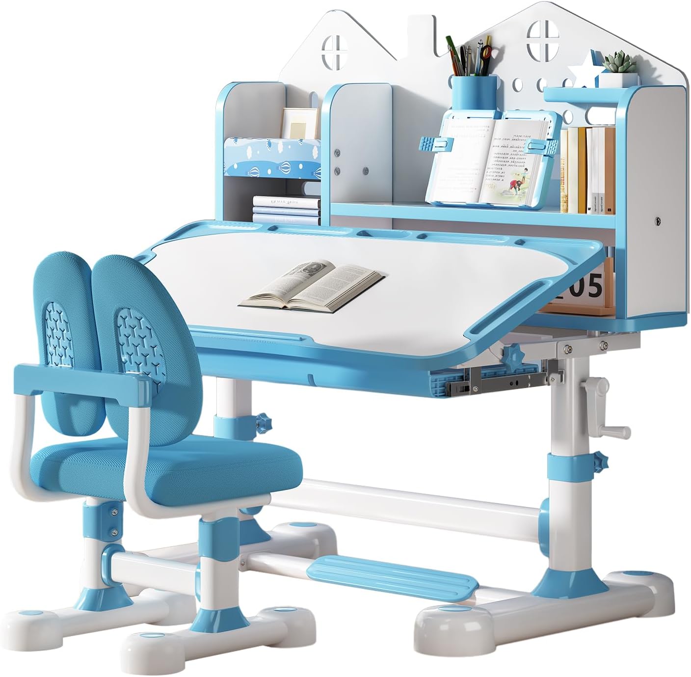 Kids Desk and Chair Set, Height Adjustable 50° Children School Study Table Chair Set with Reading Rack, Kids Desk with Bookstand and Storage Drawer Widened Desktop for Boy and Girl (Blue)