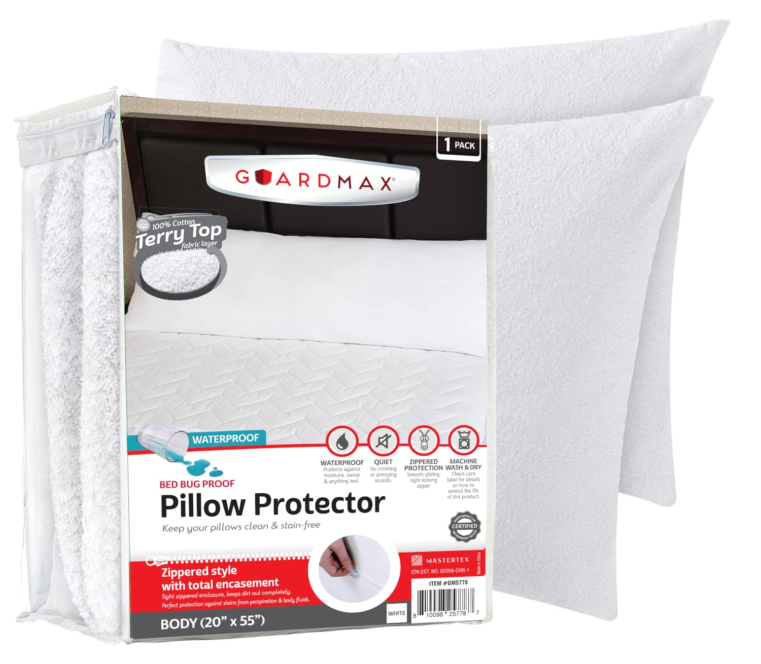Guardmax Protector de almohada impermeable de algodón de rizo, tamaño corporal, protector de almohada con cremallera, 1 paquete, funda de almohada hipoalergénica que protege de chinches, ácaros del