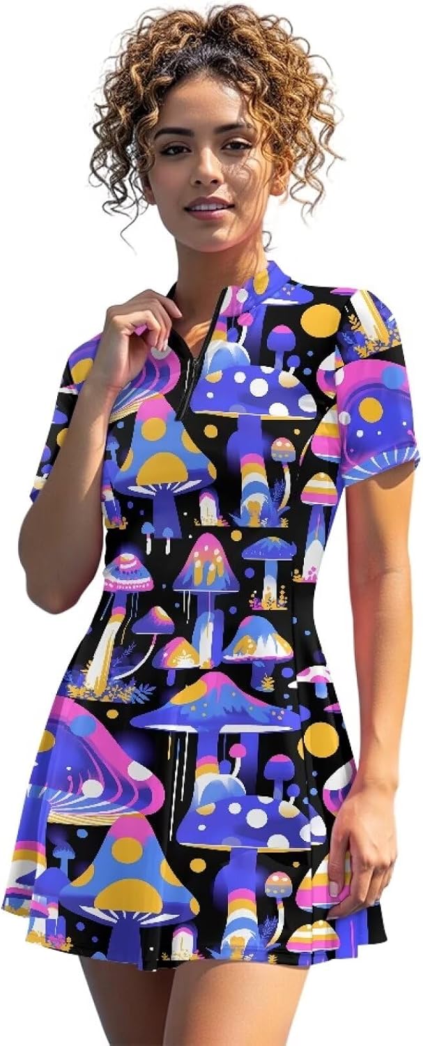 Irisjudy American Flag Womens Tennis Golf Dress with Built in Shorts Tropical Hawaii Athletic Exercise Sports Wear Dresses