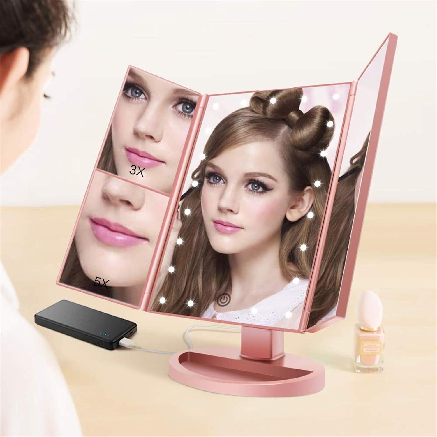 FASCINATE Trifold Led Lighted Makeup Mirror with 3X/5X/10X Magnification Vanity Mirror with 21 LED Lights, 180° Rotation Touch Screen Cosmetic Mirrors Dual Voltage Desk Mirror Tabletop (Rose Gold)