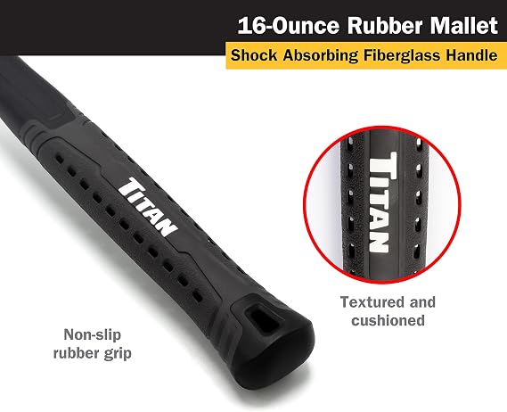 Titan 63217 16oz Rubber Mallet, Non-marking Double-faced Solid Head, 13 Shock Absorbing Fiberglass Handle with Textured Grip